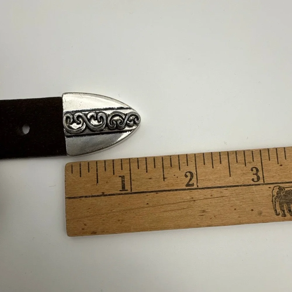 Western Brown Suede Leather Belt Silver Etched Buckle Tip Set‎ Womens ML